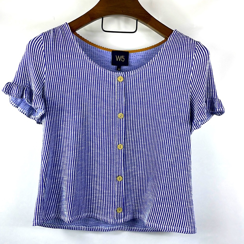 W5 Blue Striped Blouse with Ruffle Sleeves